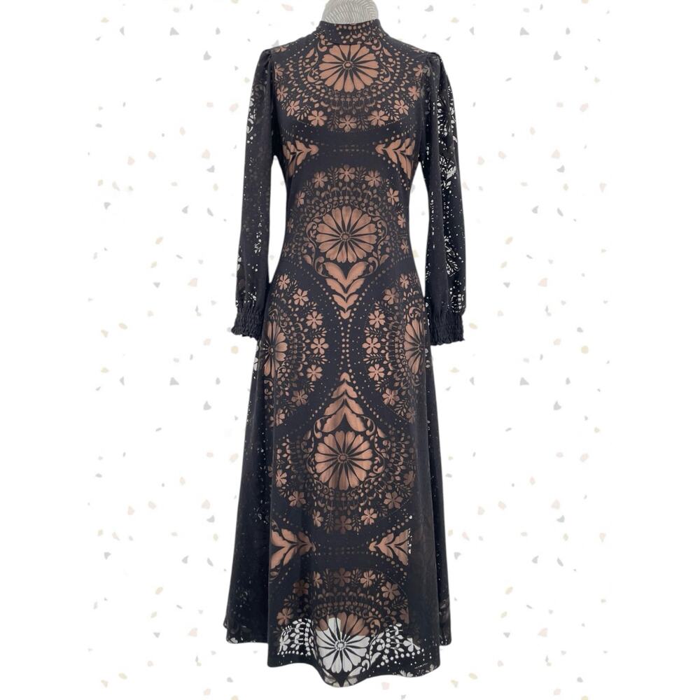 Farm Rio Black Beige Open Back Floral Midi Dress Long Sleeve High Neck Size XSP